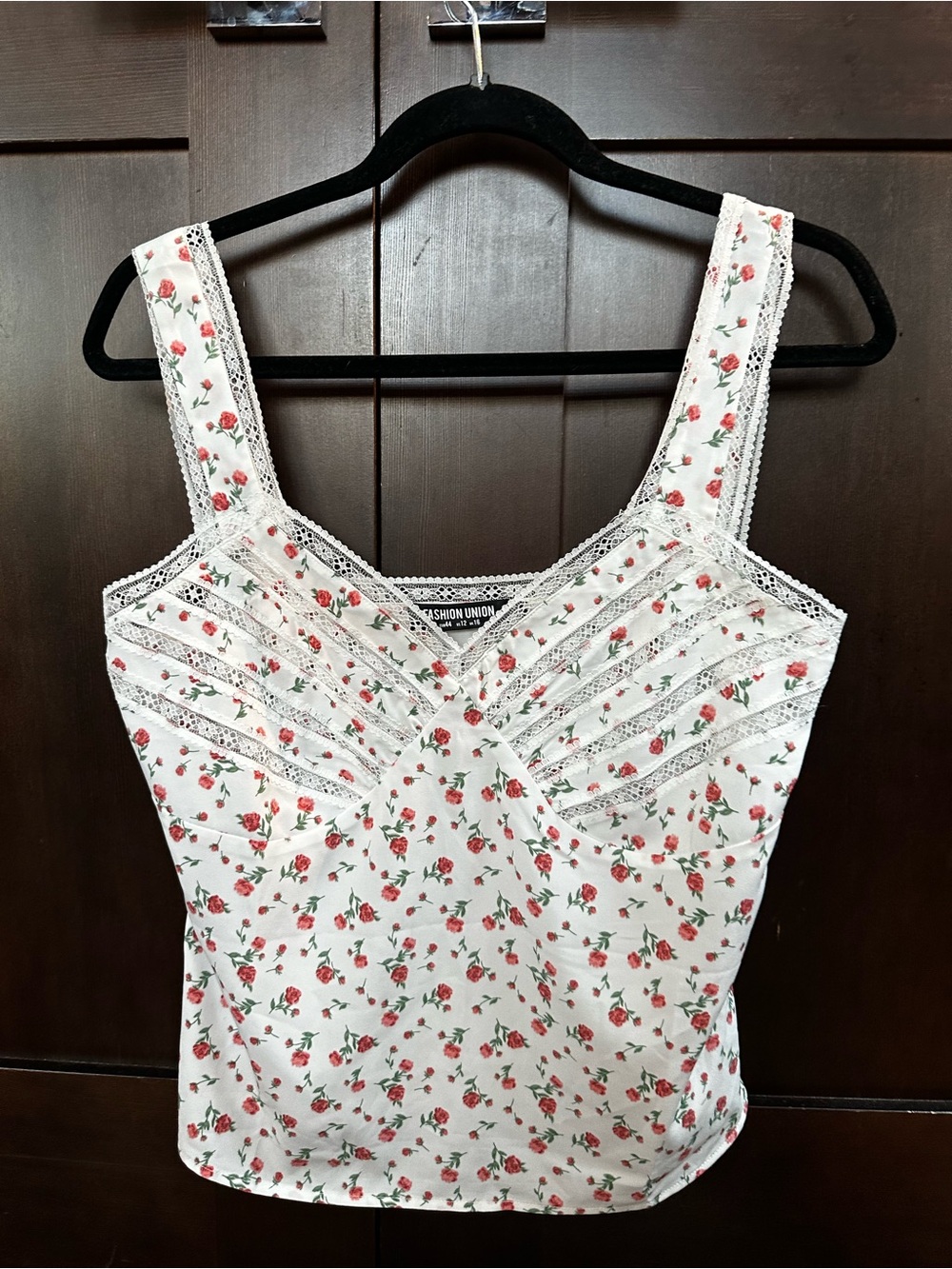 Fashion Union White Camisole with Red Rose Print and Lace Trim